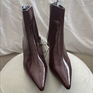 Mango Croc-Embossed Pointed Ankle Boots in Burgundy